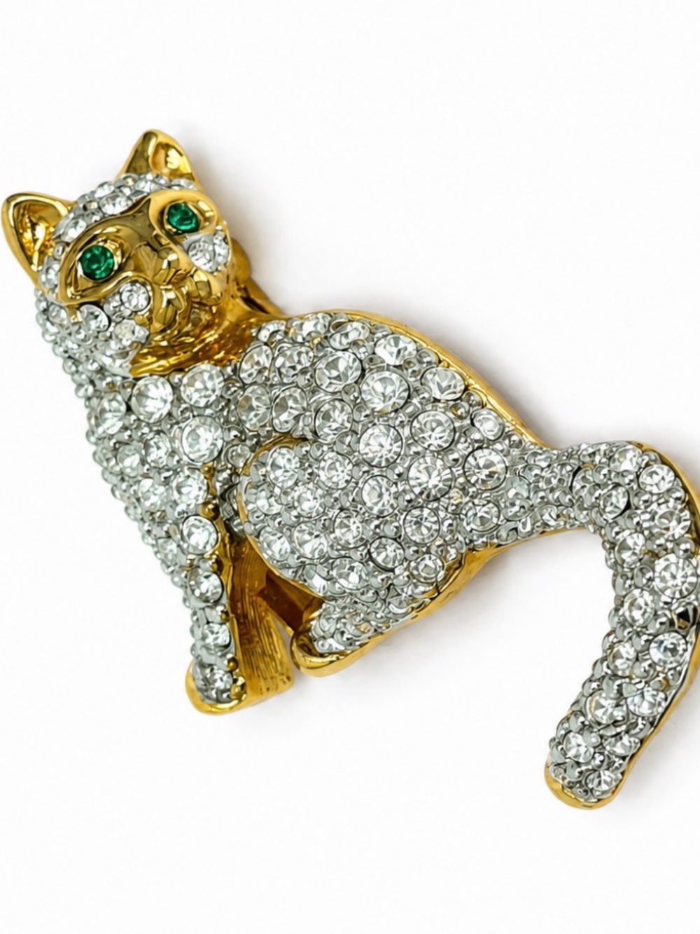 Vintage 1990s Swarovski Crystal Cat Brooch Pin Green Eyes Gold Tone Swan Signed
